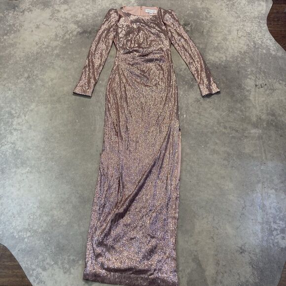 Rachel Zoe Dress Womens 2 Sequin Bellini Pink Long Sleeve Maxi Side Slit Evening - Picture 1 of 14